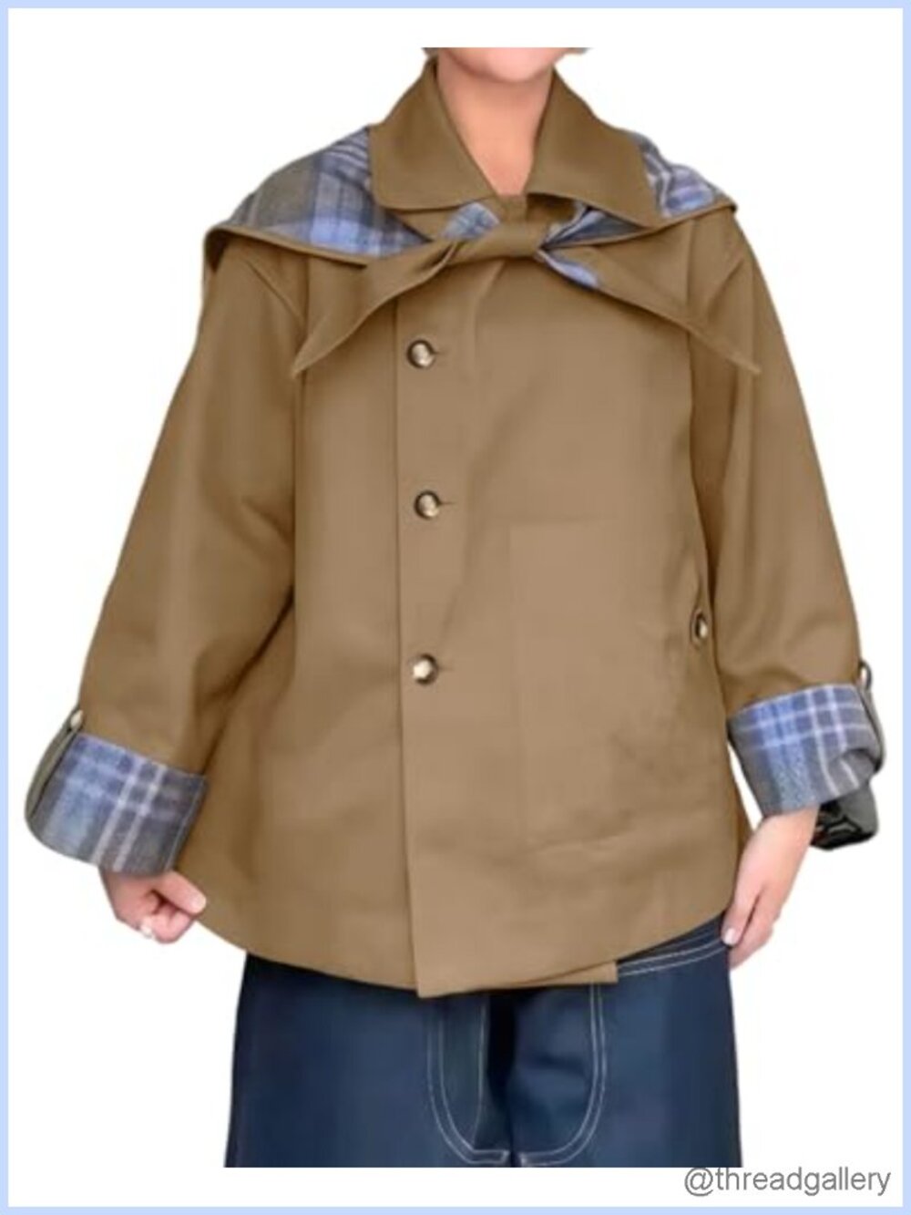 Reversible Plaid Trench Coat Notch Collar Cropped Oversized Jacket Pockets